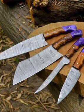 Handmade 4-Piece Damascus Kitchen Knife Set – Purple Resin & Wood Handle